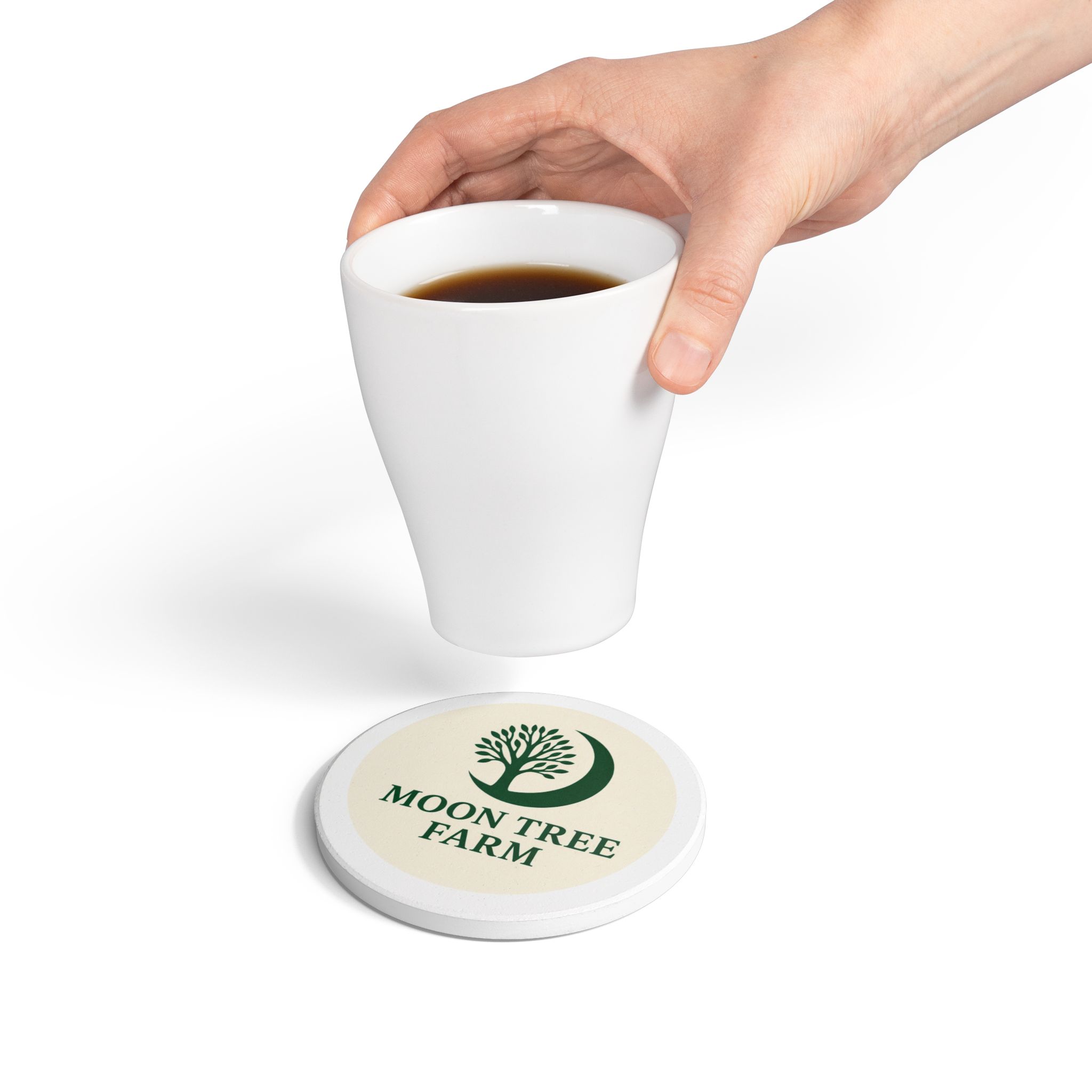 Moon Tree Farm Ceramic Coaster – Green Moon & Tree Logo Drink Protector - Image 4