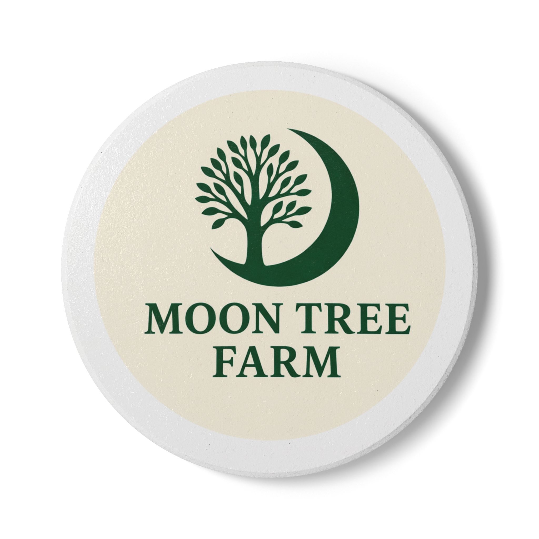 Moon Tree Farm Ceramic Coaster – Green Moon & Tree Logo Drink Protector
