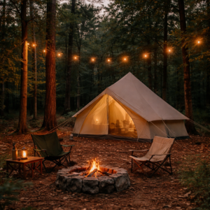 Rustic tent camping in the woods at Moon Tree Farm with a canvas tent, fire pit, and seating area surrounded by trees