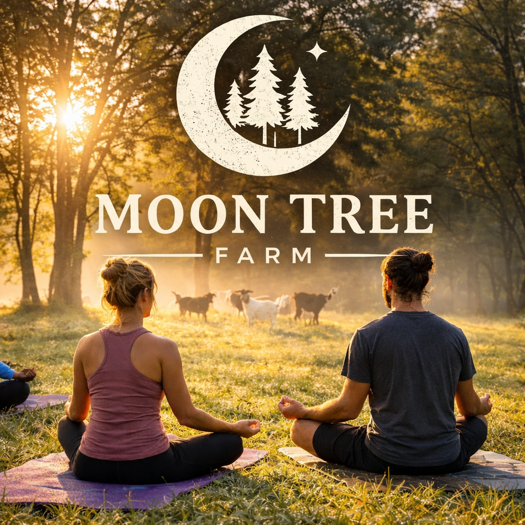 Early morning yoga class at Moon Tree Farm with sunlight through trees, dew on grass, and goats in the background.