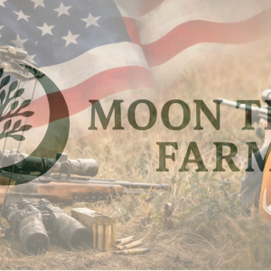 Outdoor skills training scene with hunting equipment and an American flag backdrop, representing responsible marksmanship and outdoor education at Moon Tree Farm.