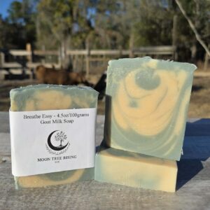 Breathe Easy is a handcrafted goat milk soap scented with eucalyptus and mint for a cool, refreshing experience. This soap offers a spa-like feel while providing a gentle cleanse. Made in small batches with fresh goat milk, it produces a creamy lather suitable for daily use.