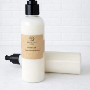 Moon Tree Farm Goat Milk Unscented Lotion in clear pump bottle with kraft label on clean white background