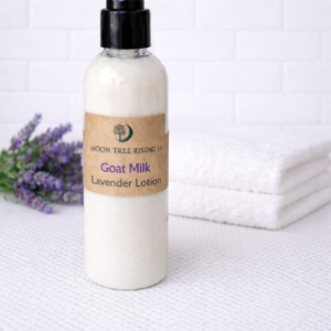 Goat Milk Lavender Lotion in pump bottle with kraft label by Moon Tree Farm