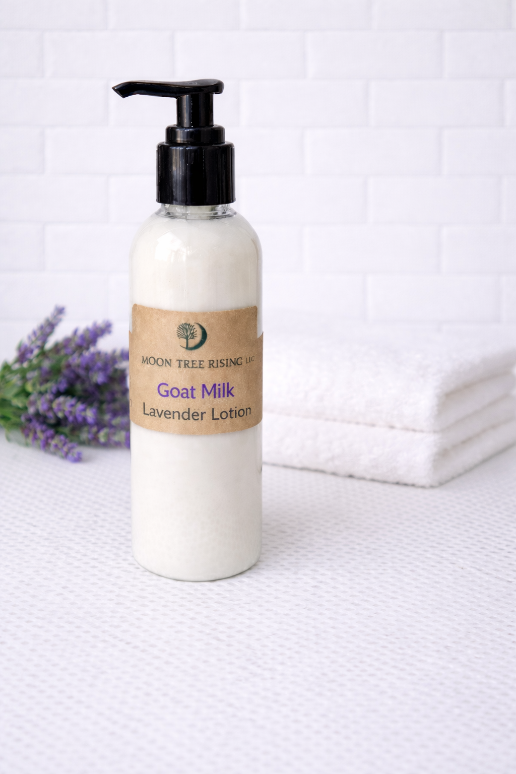 Goat Milk Lavender Lotion in pump bottle with kraft label by Moon Tree Farm