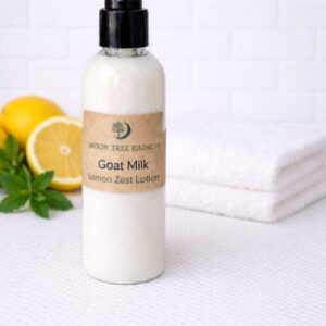 Goat Milk Lemon Zest Lotion pump bottle with kraft label by Moon Tree Farm