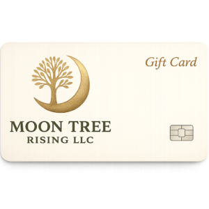 Moon Tree Rising LLC Gift Card with gold moon and tree logo on cream background