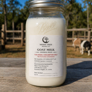 Mason jar filled with goat milk labeled animal feed on a farm with goats in background