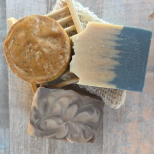 Father’s Day goat milk soap gift set with handmade soap bars, wooden soap dish, and natural soap saver