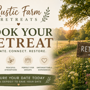 Rustic Farm Retreats promotional image with a peaceful farm path, wildflowers, and retreat sign at sunset.