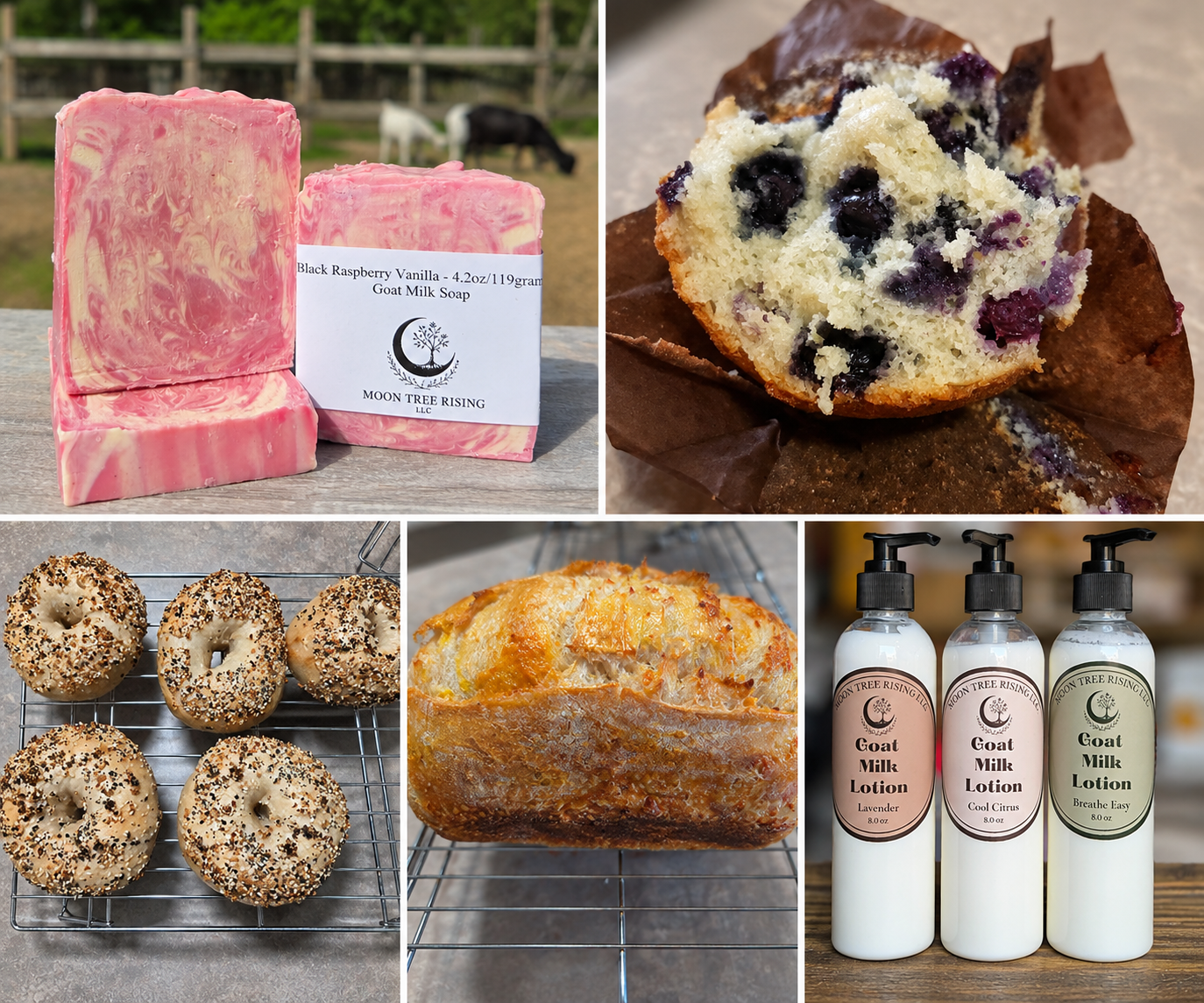 Goat milk soap and lotion, sourdough bagels, blueberry muffins and a cheese loaf
